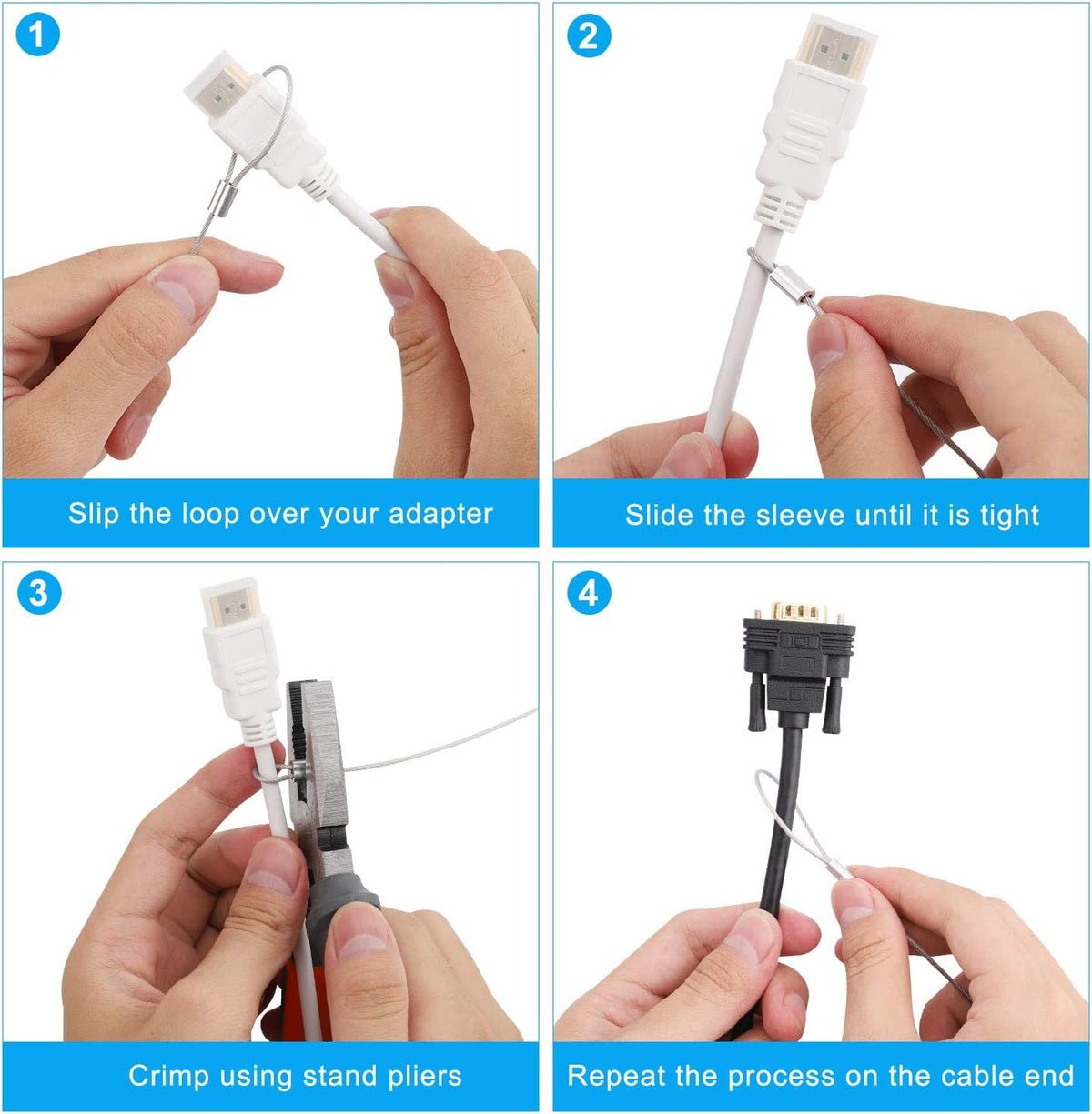 Cable Tethers 5 Pack with Crimping Tool (12 Inches, White Color), Adjustable Security Cable Look, Universal DIY Adapter Tethering Ties Kit for Computer Cord, Pre-Assembled, Tamper-Resistant