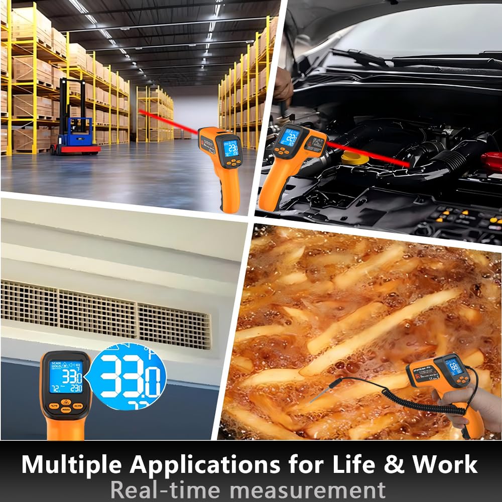 Infrared Thermometer Gun, Non Contact Thermometers Laser Temperature Guns with K-Type Probe, 12:1 Dual-Mode Temp Gun (-58°F to 1472°F) for Cooking, Pizza Oven, BBQ, Home Repairs, HVAC
