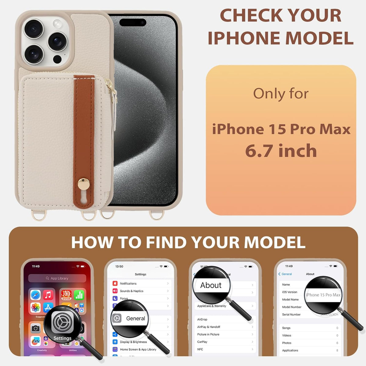 LAMEEKU for iPhone 15 Pro Max Wallet Case with Credit Card Holder, Zipper Leather Crossbody Case with Phone Grip Holder Stand for Women for iPhone 15 Pro Max 6.7 inch Beige
