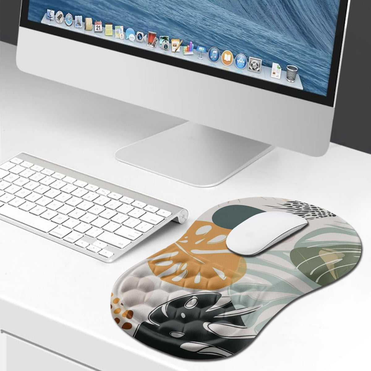 Hokafenle Ergonomic Mouse Pad Wrist Support, Wrist Rest Mousepad for Carpal Tunnel Pain Relief with Integrated Memory Foam Slope Massage Bulge (11.8x7.9 inch,Abstract Leaves