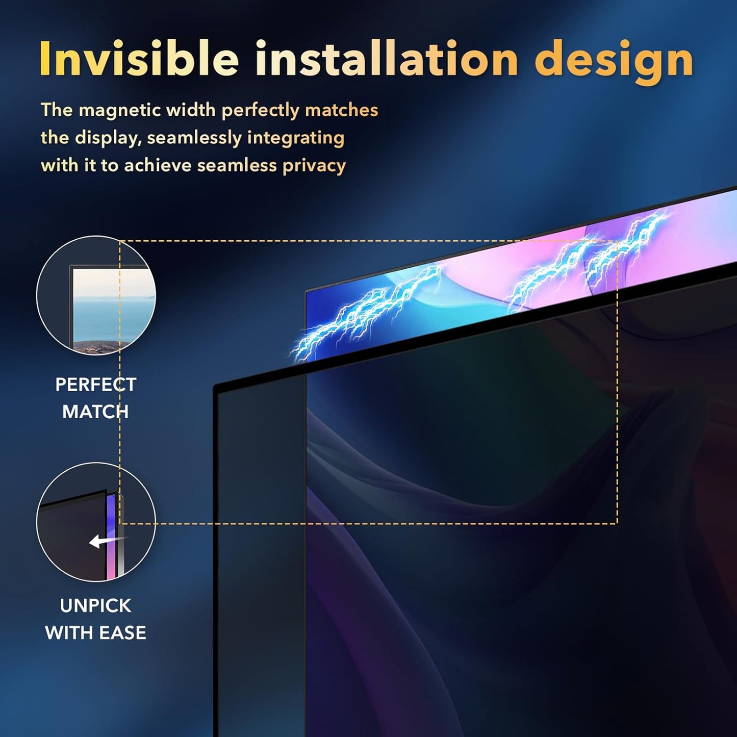 Magnetic Invisible Hidden Design Computer Privacy Screen Filter 27 Inch for Frameless Monitor 16:9 Aspect Ratio, Removable Anti Glare Blue Light Protector, Double Sided Reversible Eye Care 27in Film