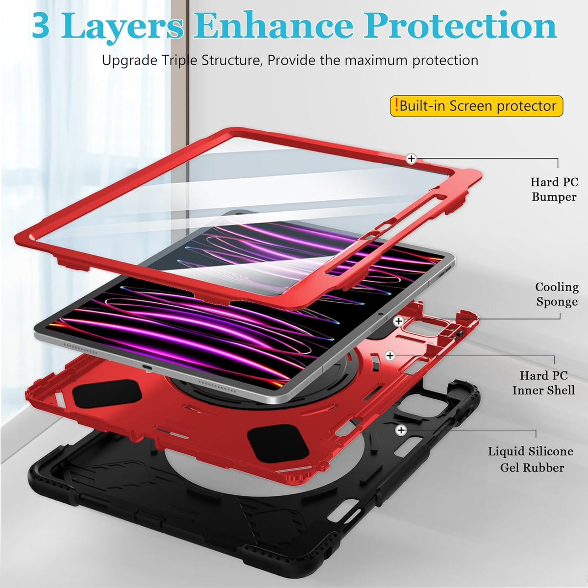 Case for iPad Pro 12.9 2022/2021/ 2020/2018: Cover for iPad Pro 12.9 6th/ 5th/ 4th/ 3rd Generation with Screen Protector- Stand- Pencil Holder- Handle- Shoulder Strap Red+Black