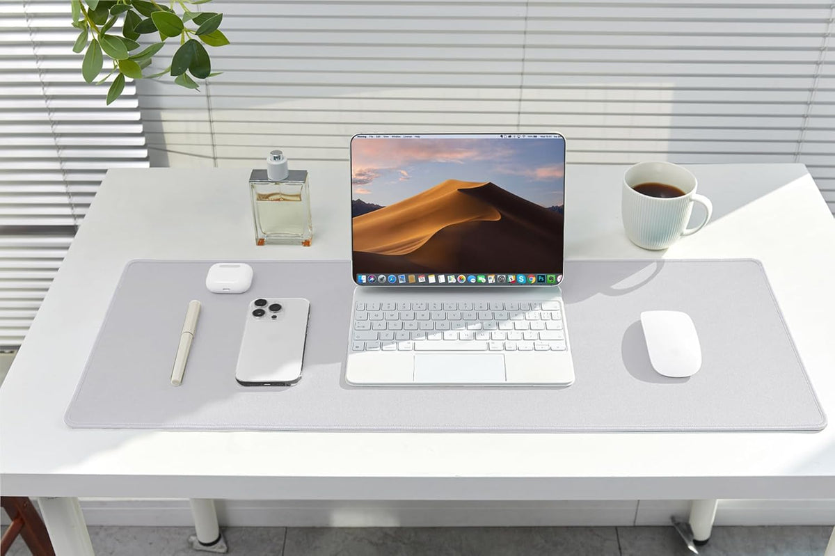 ALOANES Silvery Waterproof Desk Mat, Large Mouse Pad with Extended Mouse Mat, with Anti Slip Base, Stitched Edge, Grain Jacquard Surface, Perfect for Gamer, Office & Home, 3XL(15.74''x35.43''x0.12'')