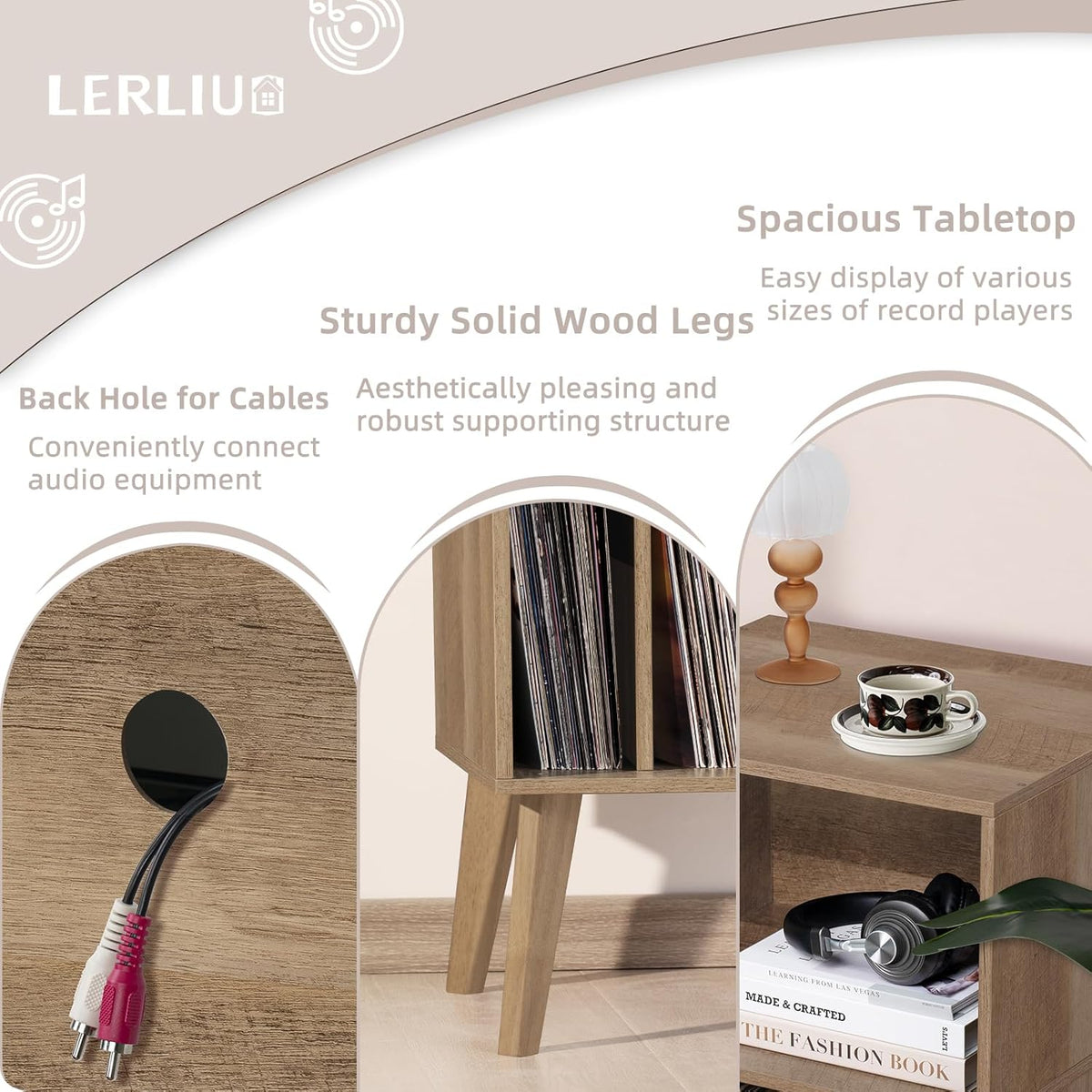 Lerliuo Record Player Stand, Oak Turntable Stand Holds up to 160 Albums, Mid-Century Vinyl Storage Cabinet Table with Solid Wood Legs, Record Player Holder Dispaly Shelf for Bedroom Living Room