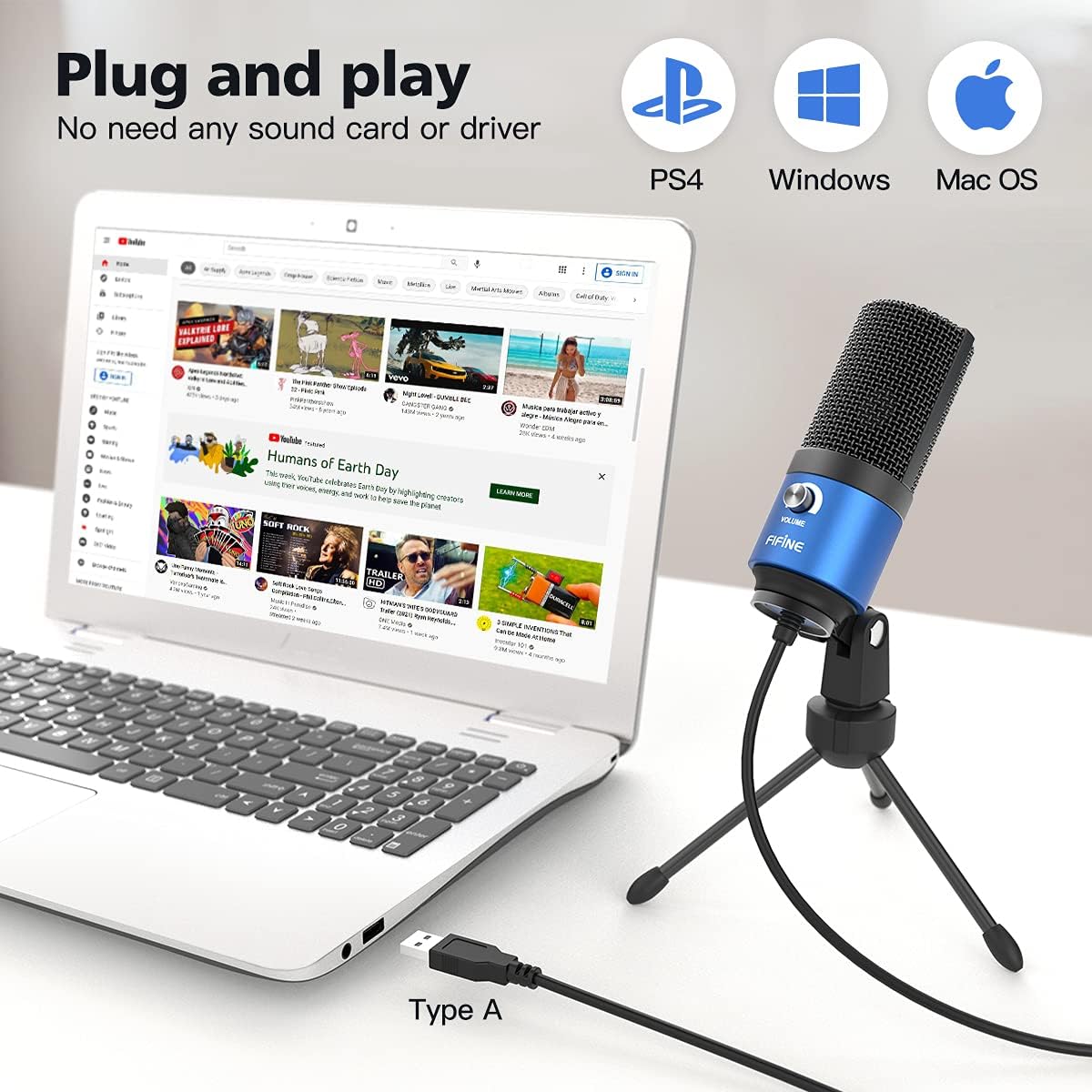 FIFINE USB Computer Microphone for Recording YouTube Video Voice Over Vocals for Mac & PC, Condenser Mic with Gain Control for Home Studio, Plug & Play - K669L