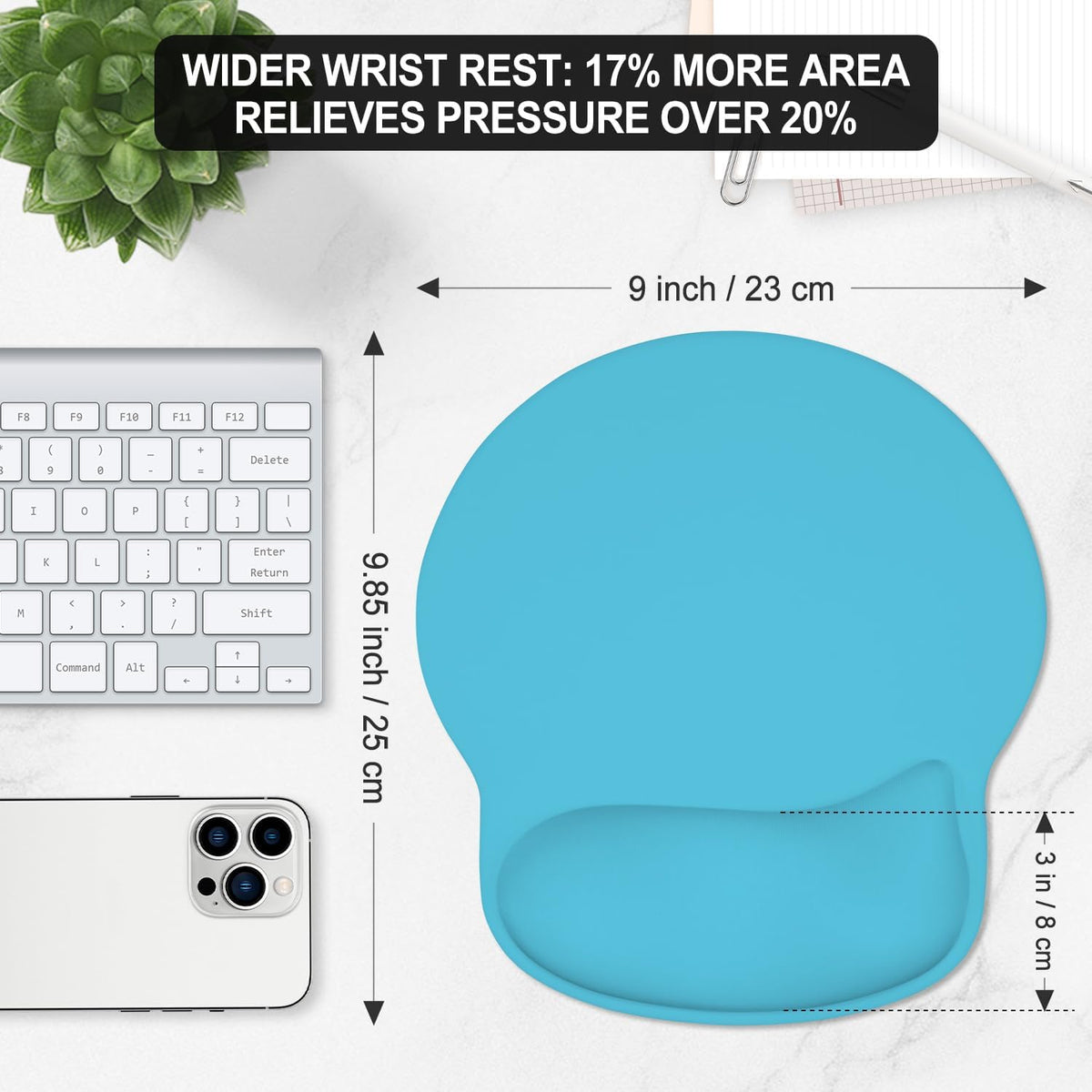ITNRSIIET Ergonomic Mouse Pad with Wider Memory Foam Wrist Rest +17%, Curved Cushion Reduces Pressure 20%, Pain Relief, Non-Slip, Smooth, Cute Color Desk Accessory, 9.85 x 9 inch, Powder Blue
