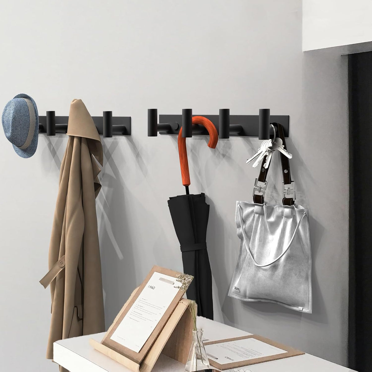 VAEHOLD Hat and Coat Wall Mount Rack - 4 Hooks for Robes, Bags, Keys, and Towels - Bathroom Towel Hanger Organizer -Black