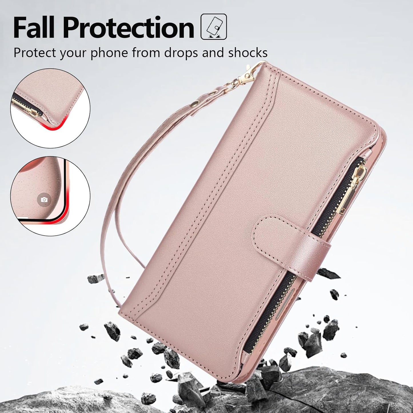 Compatible with iPhone 13 Pro Wallet Phone Case-PU Leather Magnetic Flip Cover with Credit Card Slots,Zipper Pocket & Detachable Wrist Strap,Shockproof Design,for Women and Men-Pink