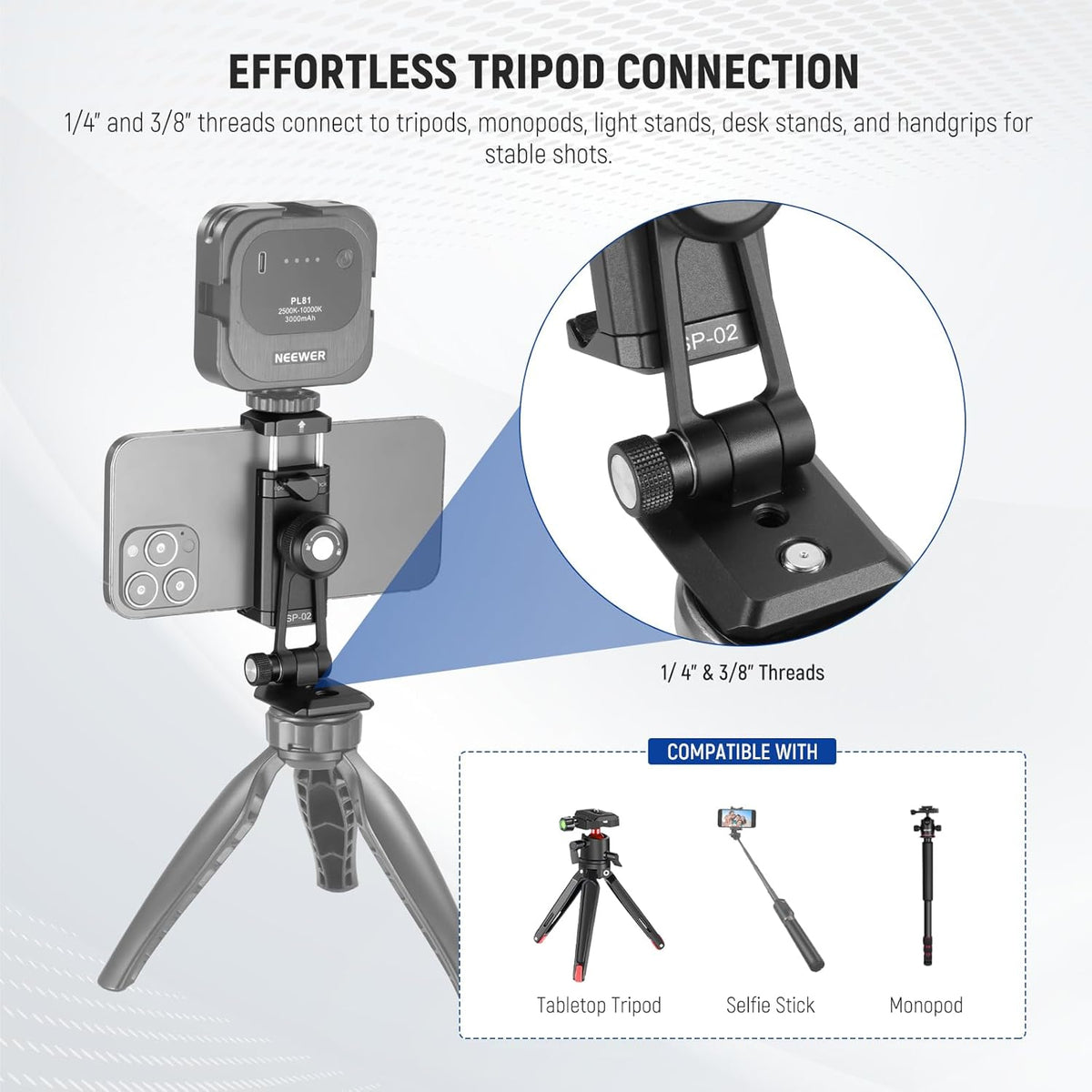 NEEWER SP-02 Phone Tripod Mount Adapter with Arca Type Quick Release Plate Cold Shoe 360° Rotation 180° Tilt Cleaning Cloth, Foldable Holder Compatible with iPhone Android Samsung for Video Recording