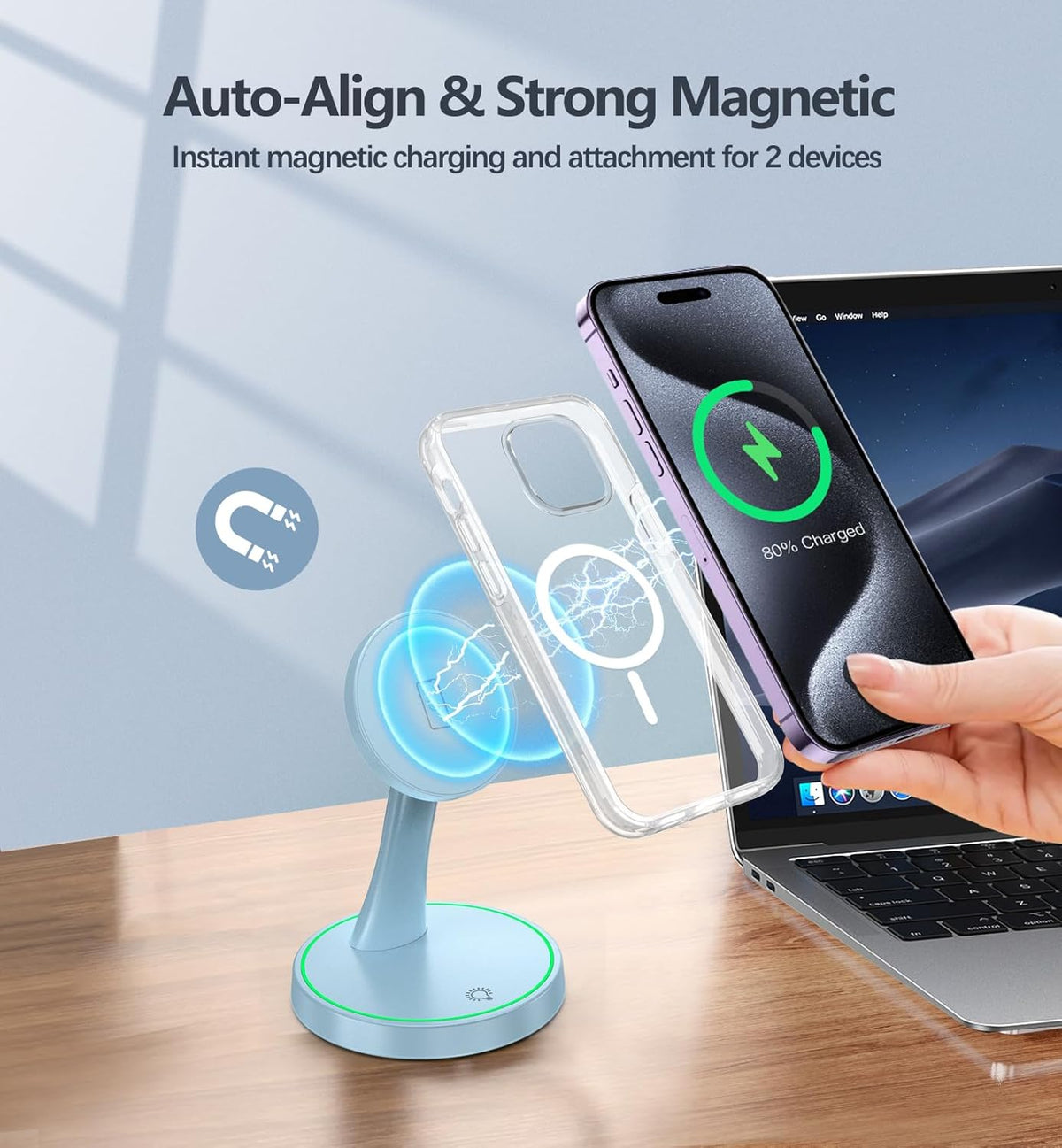 Magnetic Wireless Charger Stand 15W Fast Mag-Safe Charger for iPhone 16/16 Pro/16 Plus/16 Pro Max/15/14/13/12 Series Magnet Wireless Charging Station/Pad with Sleep-Friendly Light for AirPods