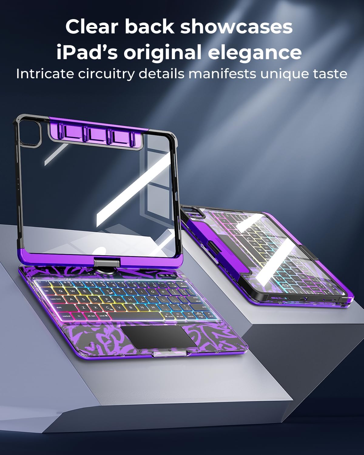 TSQQST Clear Wireless Keyboard Case for iPad (A16) 11th Generation 11-inch 2025/ iPad 10th Generation 10.9-inch with Pencil Holder & Multi-Touch Trackpad, 7-Color Backlight, 360 Rotatable, Purple