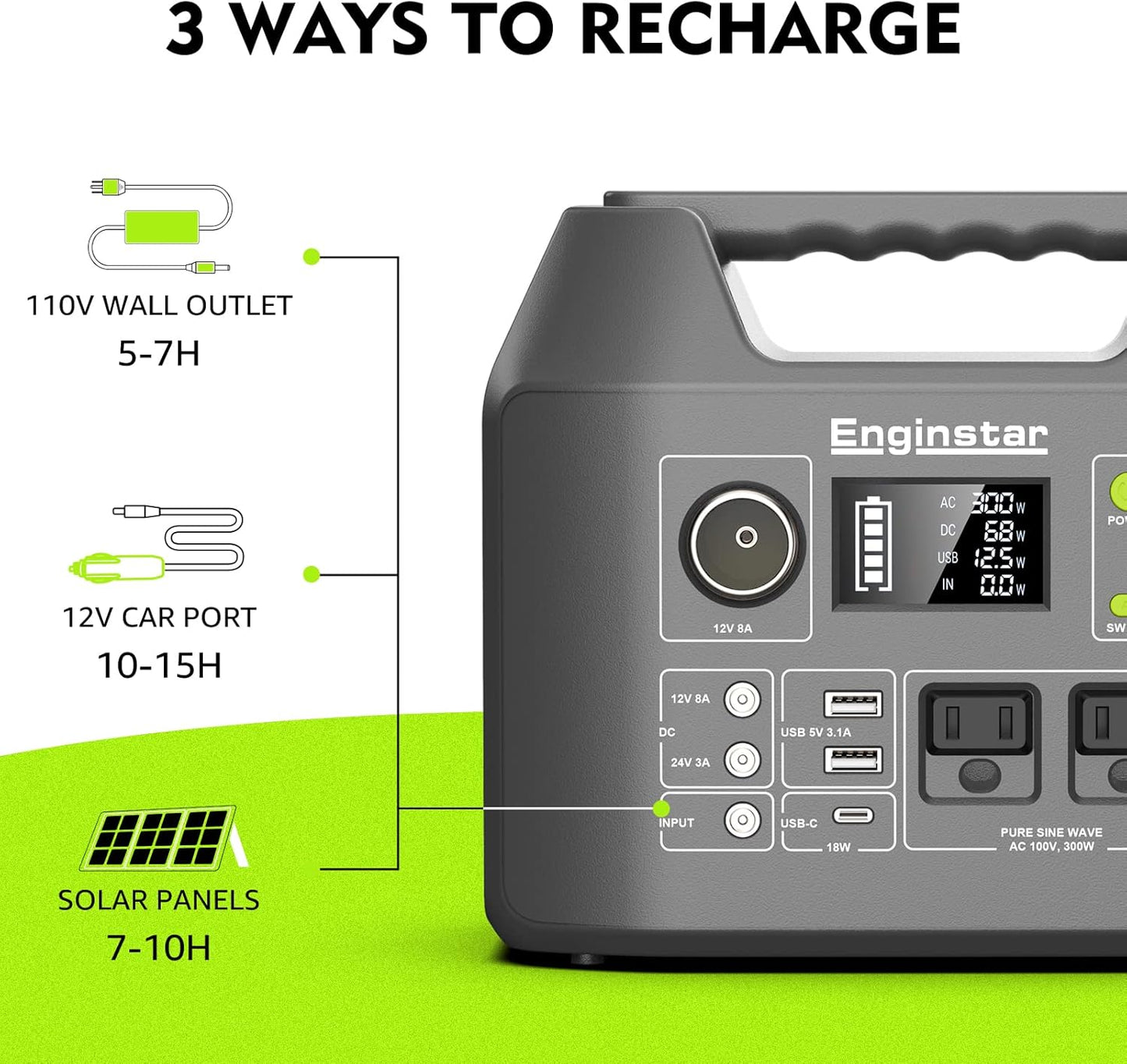 EnginStar Solar Generator, 300W Portable Power Station, 296Wh Lithium Battery Backup w/Two 110V Pure Sine Wave AC Outlet for Camping Road Trip RV, 80000mAh Sufficient Power Supply for Blackout