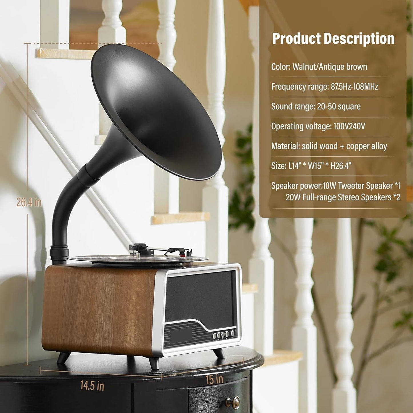 Vintage Gramophone Record Player,Italian Style Gramaphone Vintage Phonograph Nostalgic Record Player with Vinyl Record Player/Bluetooth 5.3/Remote Contro/USB/FM/AUX for Home Decoration