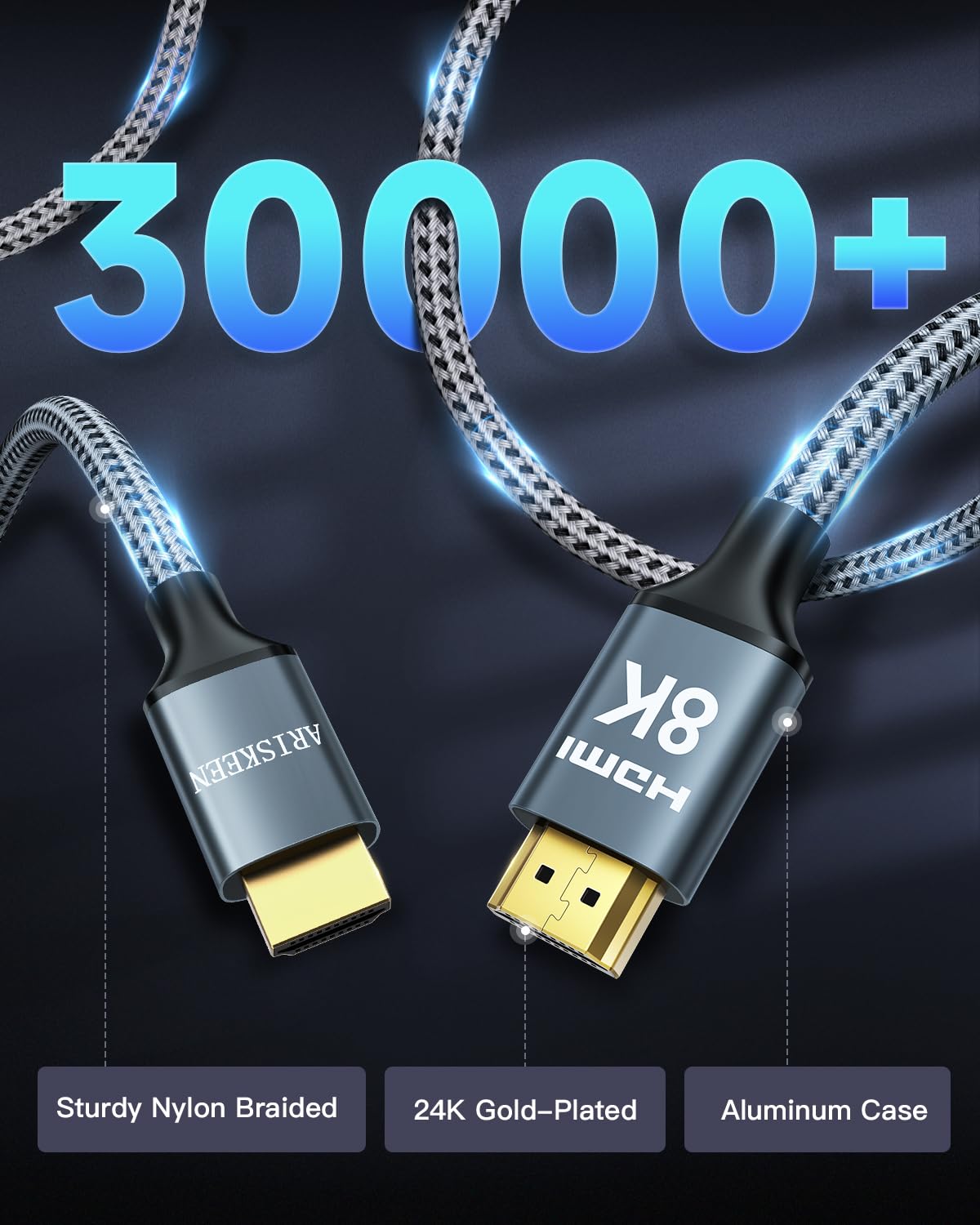 ARISKEEN 8K HDMI Cable 3FT 2-Pack, 48Gbps High Speed HDMI 2.1 Cable, 8K 60Hz, 4K 120Hz 144Hz Support for HDR 10, HDCP 2.2 2.3, eARC, DTS:X, Braided HDMI Cord Compatible with Laptop/HDTV - 3 Feet