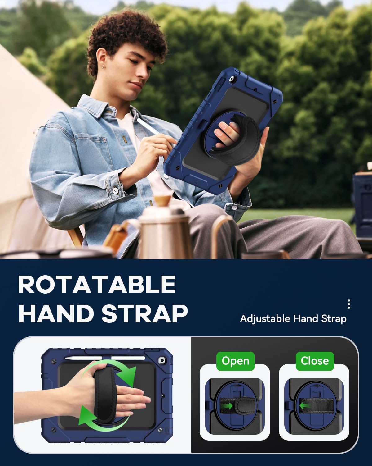 Cantis Case for iPad 9th/8th/7th Generation with Screen Protector, iPad 10.2 Case 2021/2020/2019 with 360 Degree Rotating Stand/Shoulder Strap/Pencil Holder, Navy Blue