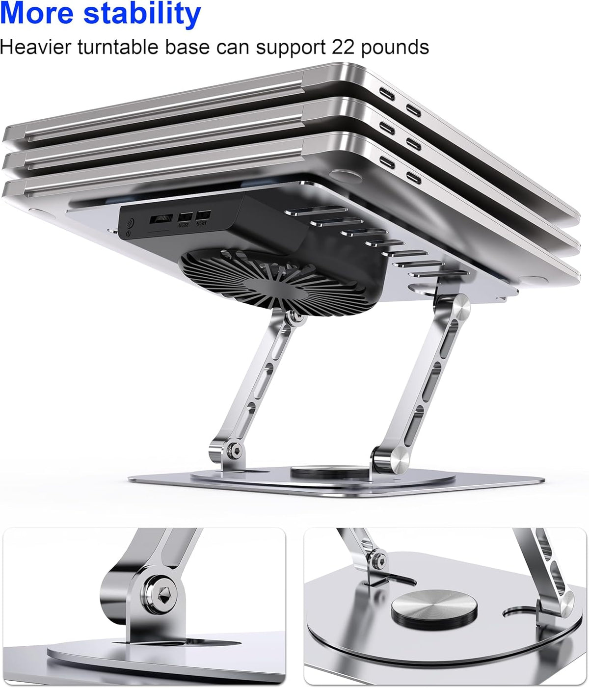 Laptop Stand,with 360°Rotating Base,External Cooling Fan,Adjustable RGB Lighting,Ergonomic Foldable Notebook Computer Holder.Compatible with All 10-17" Laptops Tablets,Silver