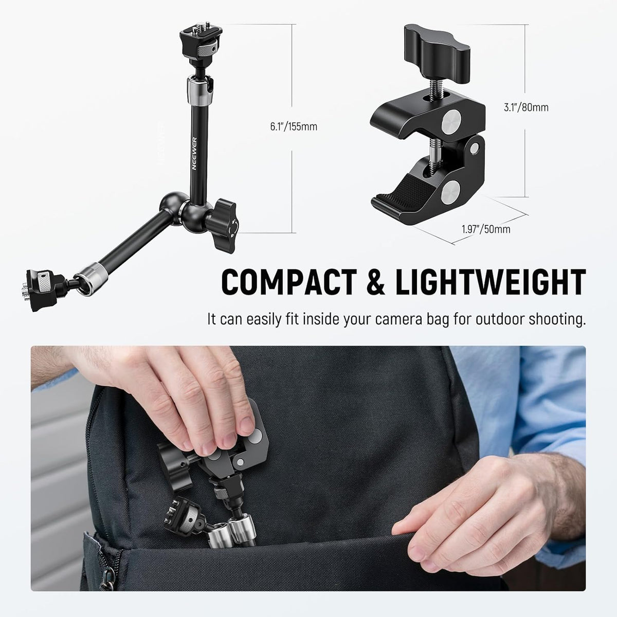 Neewer 11" Articulating Magic Arm Clamp Mount with Super Clamp, Camera Monitor Mount with 1/4" 3/8" ARRI Locating Pins & Holes for DSLR Action Camera Video Light Compatible with SmallRig Cage, ST16C