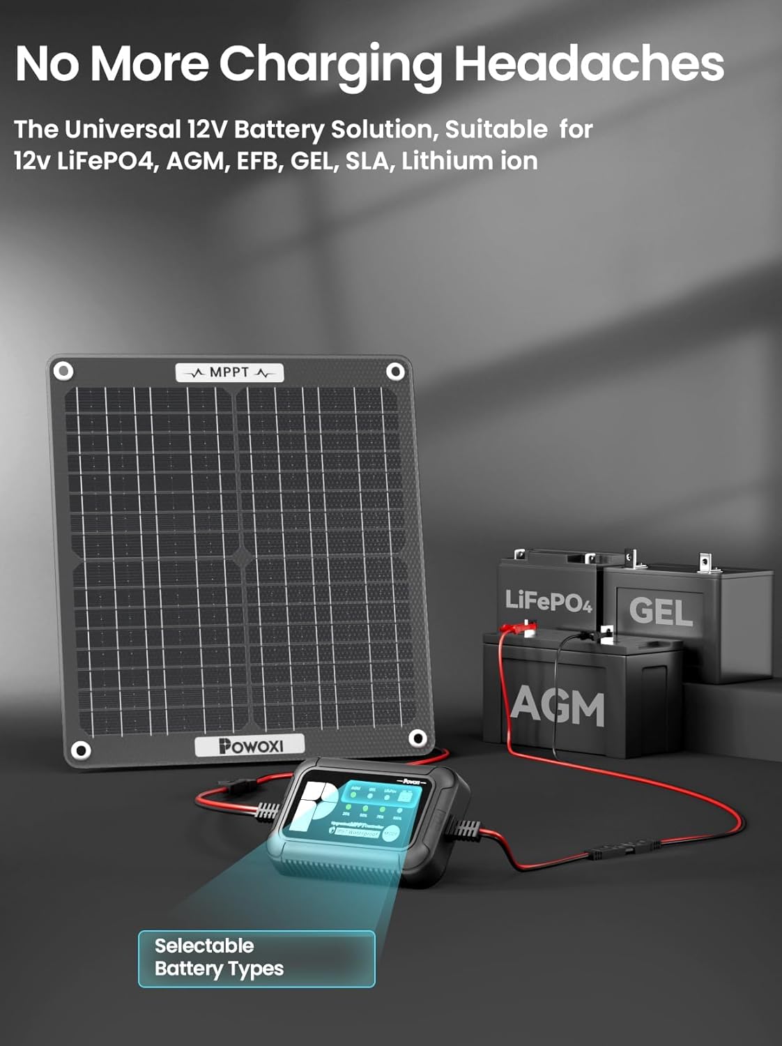 POWOXI 30W Solar Battery Charger: 12V Solar Car Battery Trickle Maintainer - with MPPT Controller Parameter Adjustable - for RV Boat Marine Motorcycle Trailer Truck Tractor - Solar Panel Kit