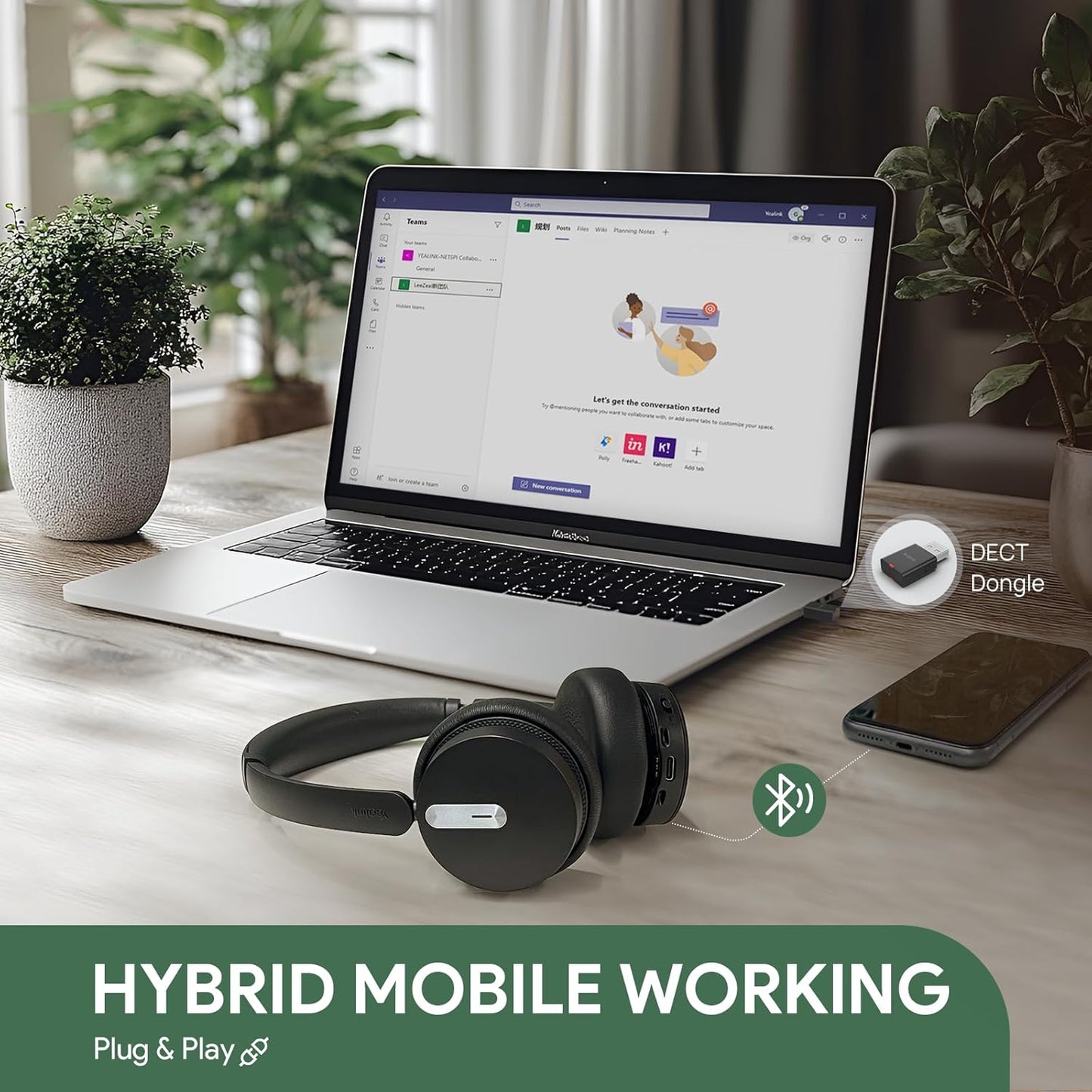 Yealink WH64 Hybrid with DECT Dongle, 492ft Range, 32 Talk Time Bluetooth Headset for Teams, Zoom Skype UC, 3X Mic Noise Cancelling, Headset PC Phone