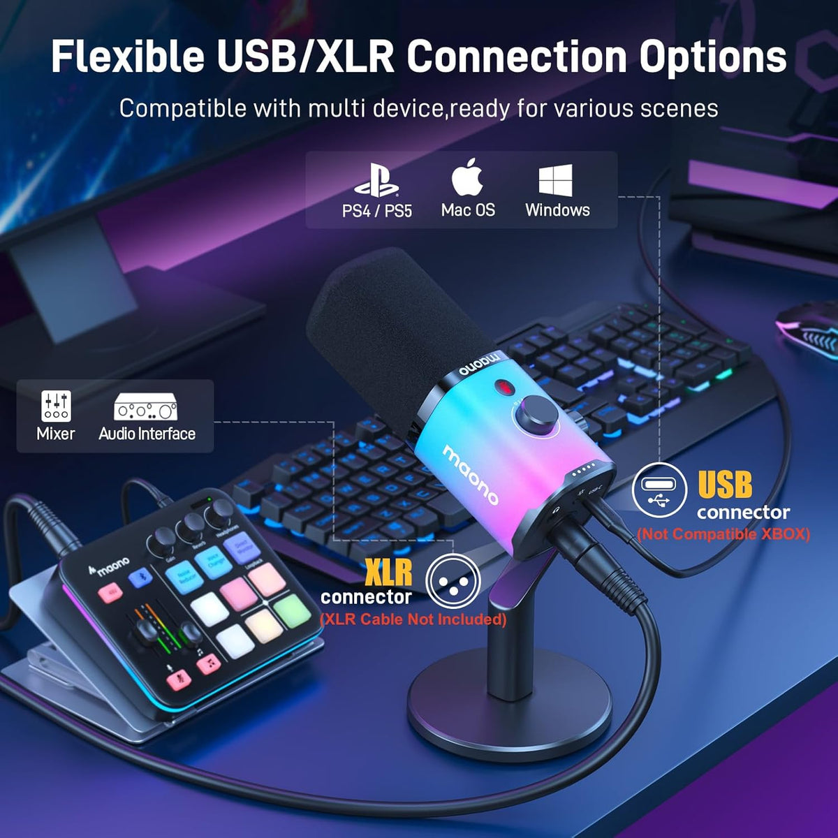 MAONO Dynamic Gaming Microphone: USB/XLR Streaming Mic for PC Podcast Recording, Custom Software, RGB, Mute Button, Gain Knob, 48kHz/24bit Studio Desktop Mic for YouTube Video Creation -PD100X RGB