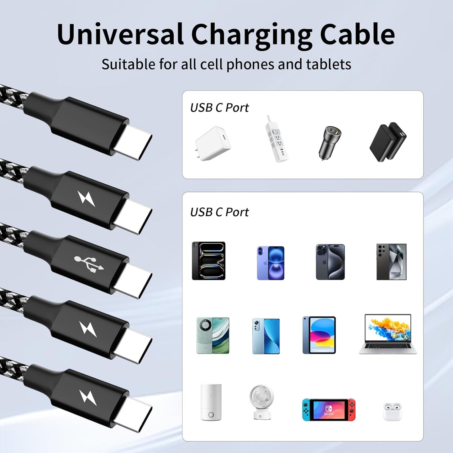 USB C Splitter Multi Charging Cable 2Pack, Dual Type C Charger Cord,4 in 1 Multiple Nylon Braided Cable with 4 Type-C Connectors Compatible with iPhone 15 Pro Max/Samsung Galaxy/Tablets/Google-5FT.