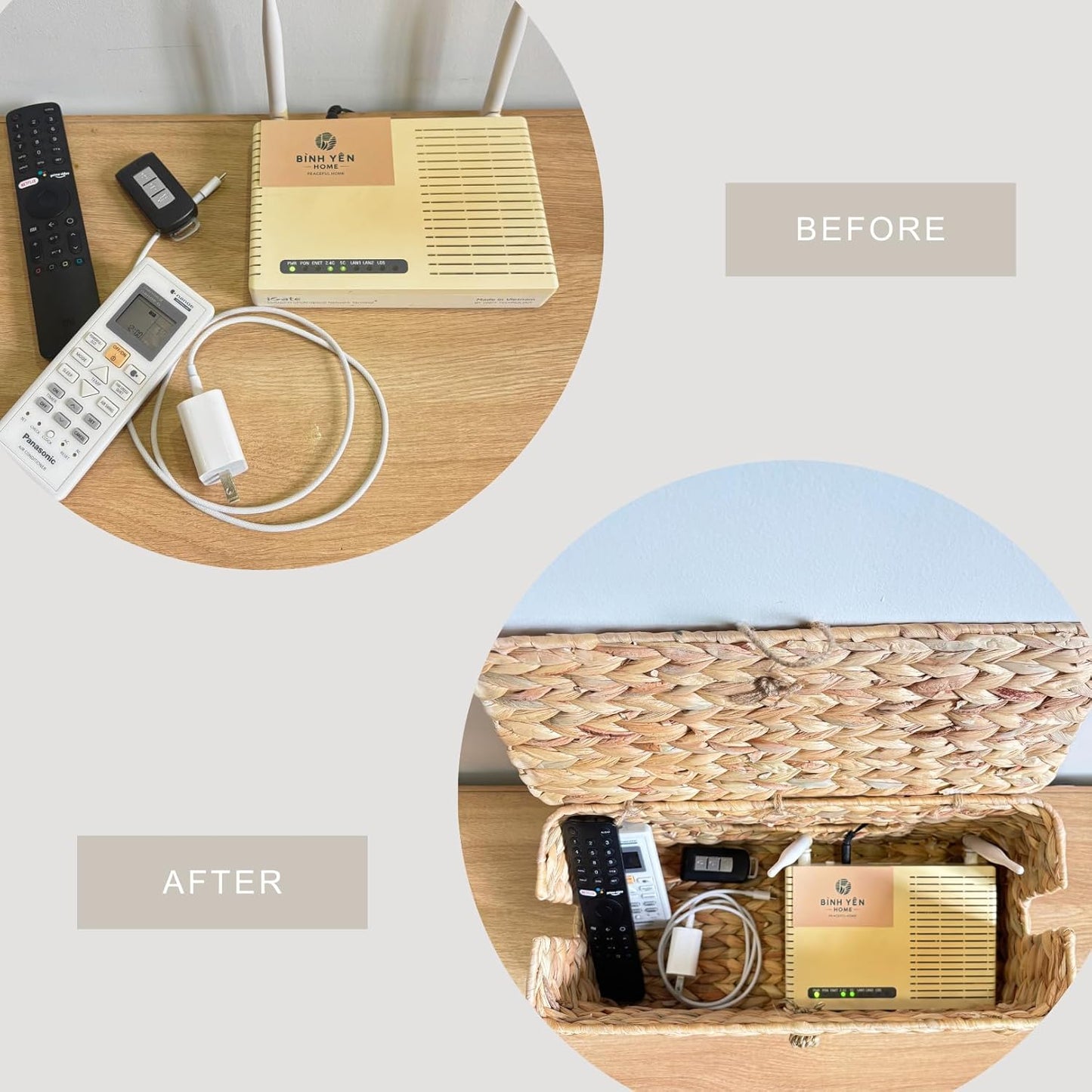 Wicker Cable Management Box with Lid, A Handwoven Water Hyacinth Cords Hider Box for TV, Computer, Router, USB Hub to Hide Cords & Power Strip for Desk, Floor, Office, 16x6.9x6.9β