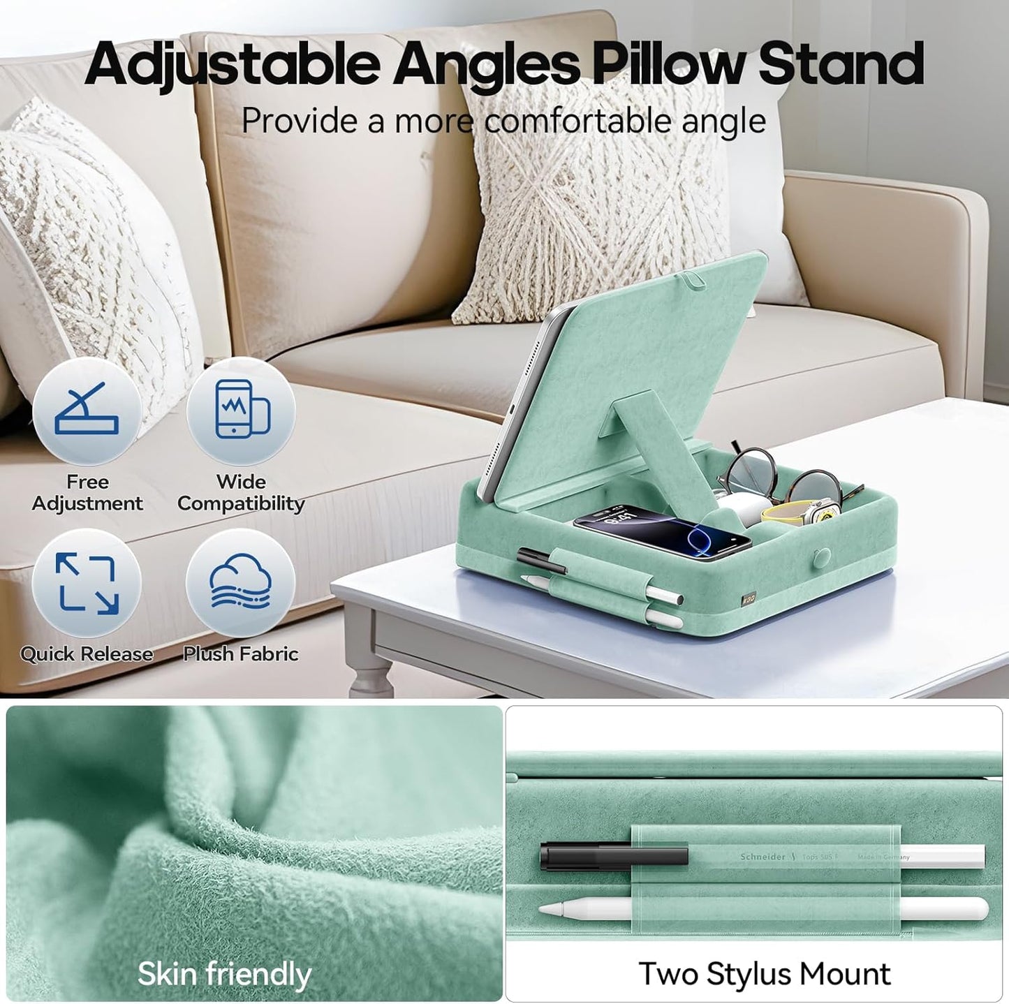 KDD Tablet Pillow Stand with Storage, Foldable iPad Holder for Bed, Lap and Desk, Angle Adjustable Soft Pad Dock with Stylus Mount Compatible with iPad Pro 12.9, 11, Air, Mini, Phones, Books (Green)
