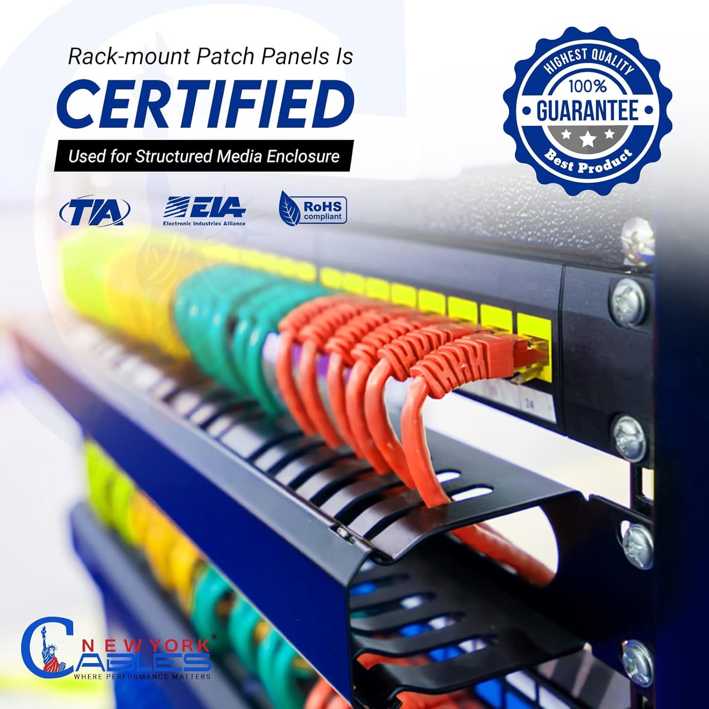 NewYork Cablesยฎ Blank Keystone 24 Port Cat6 Patch Panel - 10Gb Ethernet 1U Horizontal Rack Mount, Color-Coded T568A/B Labels, Network for Data Centers, Server Rooms, Unloaded, Unshielded.
