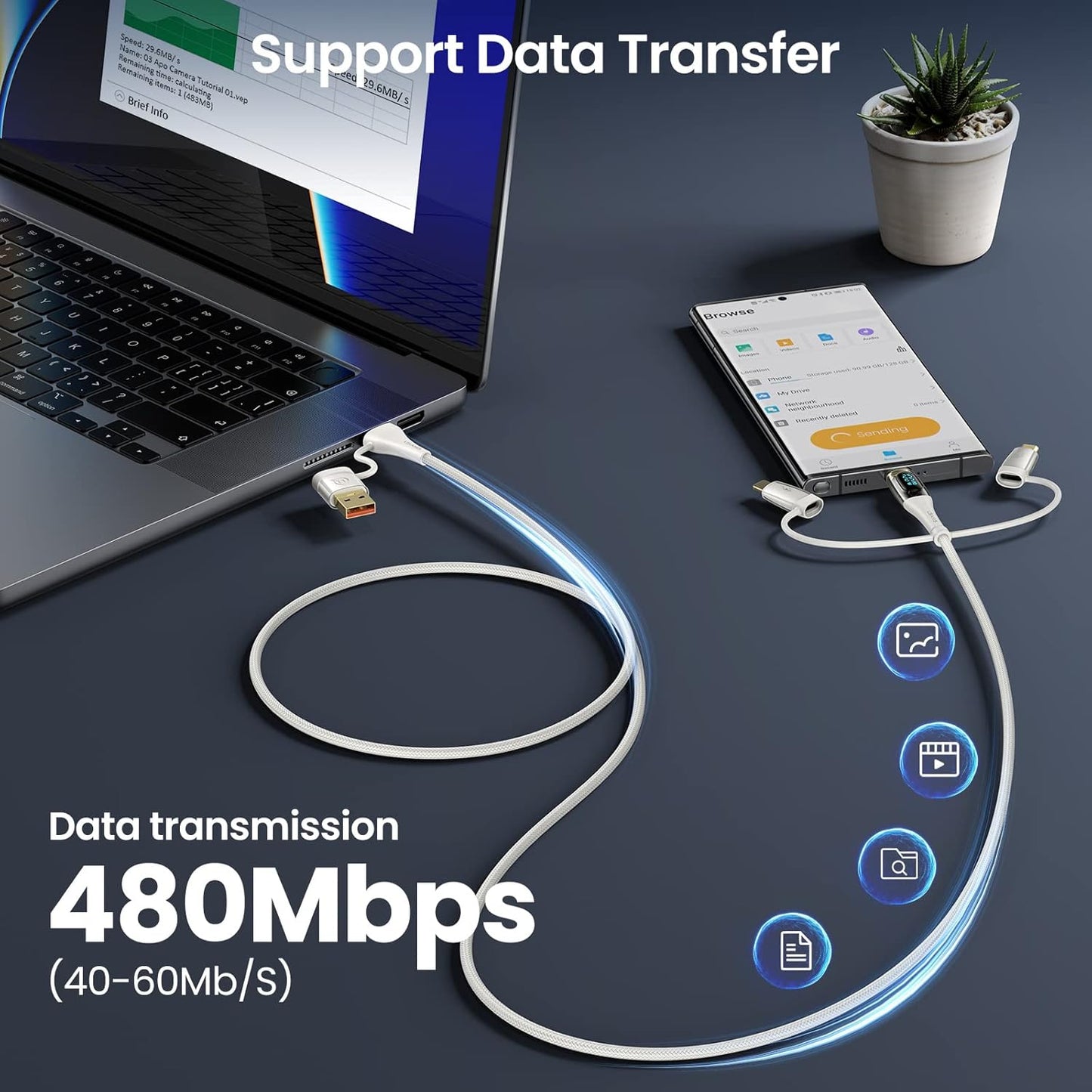 USB C to Multi Charging Cable, USAMS 100W 6.6FT 5A Type C to Type C Fast Charger Charging Cord with LED Display 5-in-1 C/A to C/Micro/IP Sync Charger Adapter Compatible for Laptop/Tablet/Phone