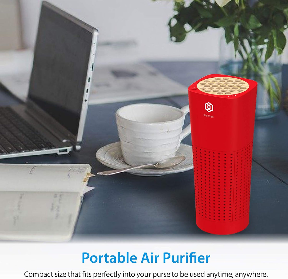 IMUNSEN M-003R True HEPA 13 Filter Air Purifier for Car, Desk, and Office with Carbon Deodorization Filter, 4-Stage Filtration, Smoke, Odors, Allergens, USB Port 5V, Made in Korea - Red