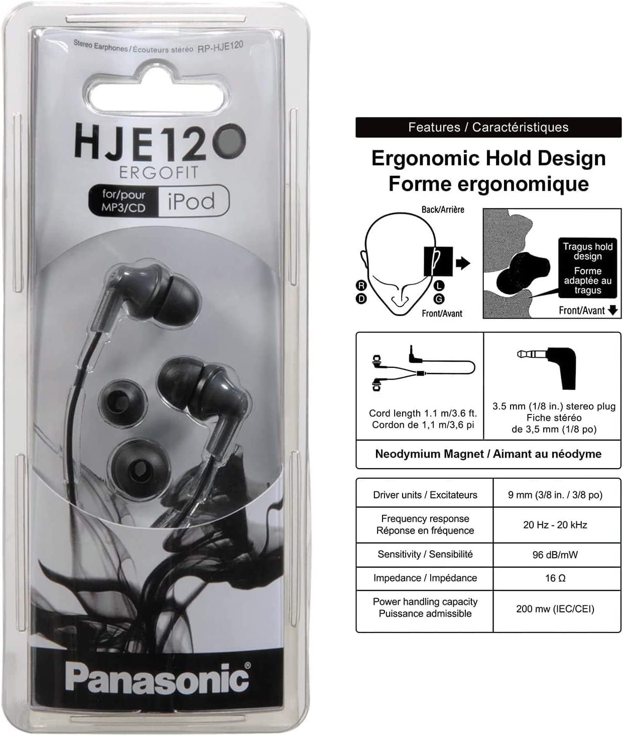 Panasonic ErgoFit Wired Earbuds, 3.5mm Jack In-Ear Headphones Wired with Dynamic Crystal-Clear Sound and Ultra Soft Ergonomic Custom-Fit Earpieces (S/M/L), for Phones and Laptops - RP-HJE120-K (Black)