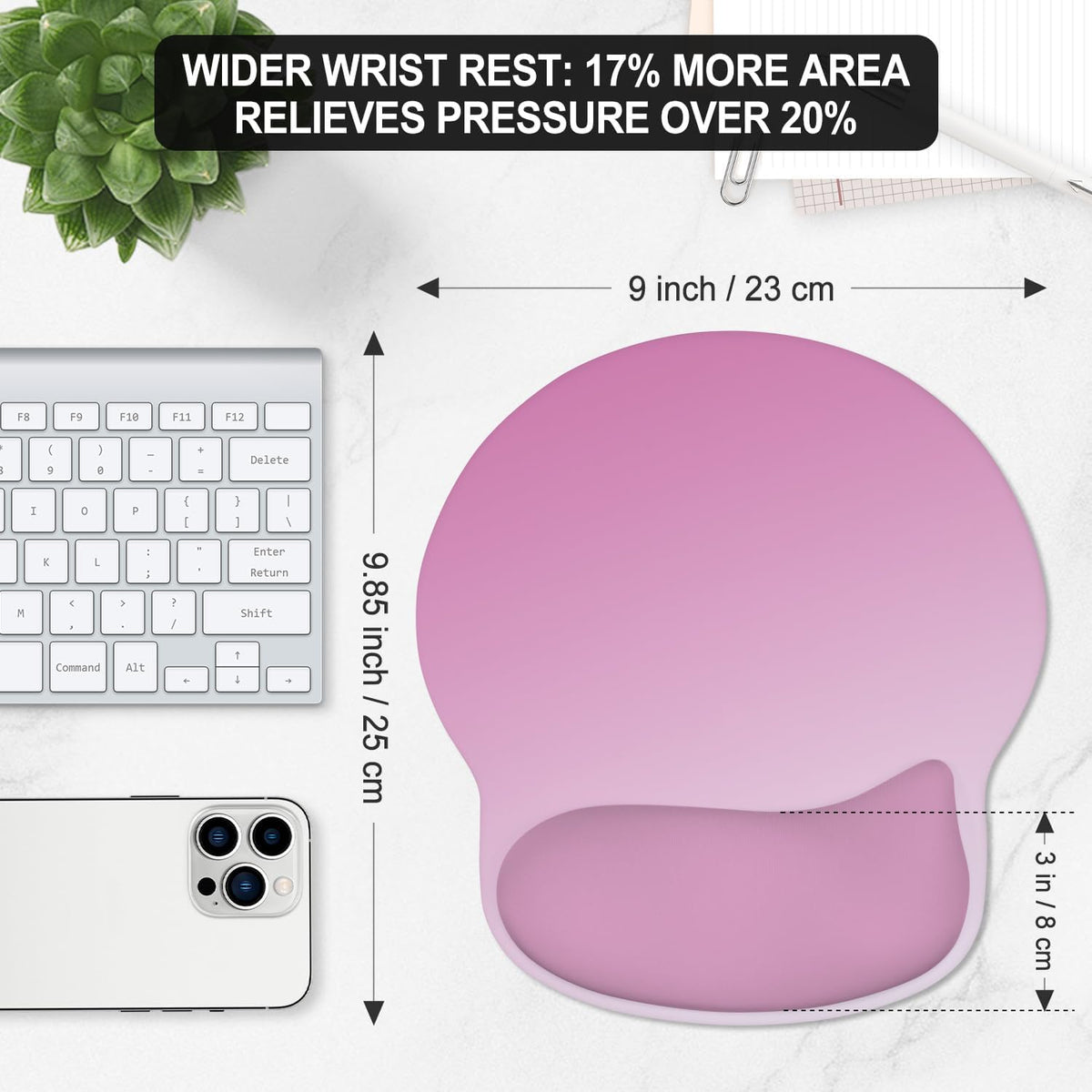 ITNRSIIET Ergonomic Mouse Pad with Wider Memory Foam Wrist Rest +17%, Curved Cushion Reduces Pressure 20%, Pain Relief, Non-Slip, Smooth, Cute Color Desk Accessory, 9.85 x 9 inch, Soft Pink Gradient