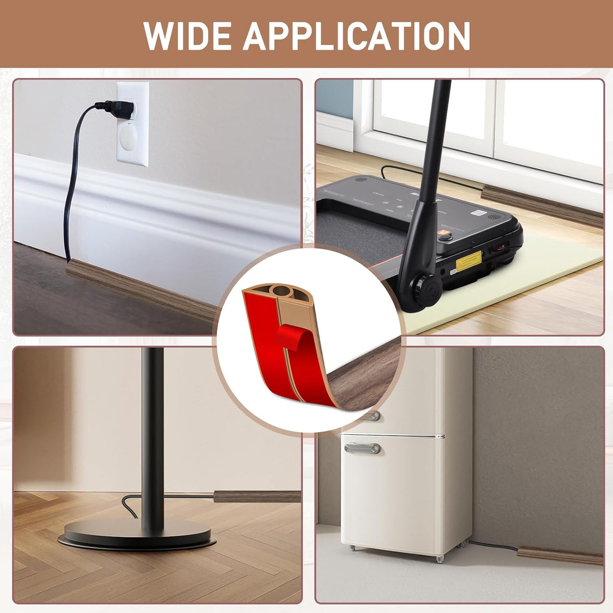 Floor Cord Cover Self Adhesive Cord Hider Floor Extension Cord Covers for Floor Power Cord Protector Cable Management Prevent Cable Trips Cable Cavity 0.32" W x 0.32" H (Smoked Brown Wood, 3.3Ft)