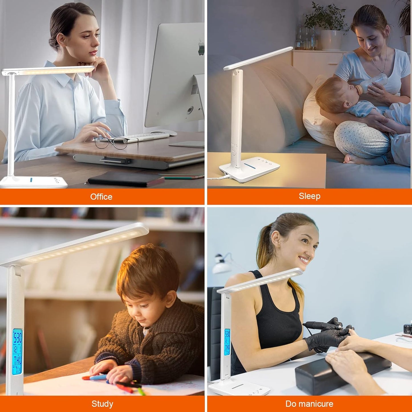 Desk Lamp with Wireless Charger,USB Charging Port, Dimmable Office Desk Light with Clock, Alarm, Date, Temperature, Foldable Lamp for Table Bedroom Bedside Office (White, Standard Size-13.3 inch)