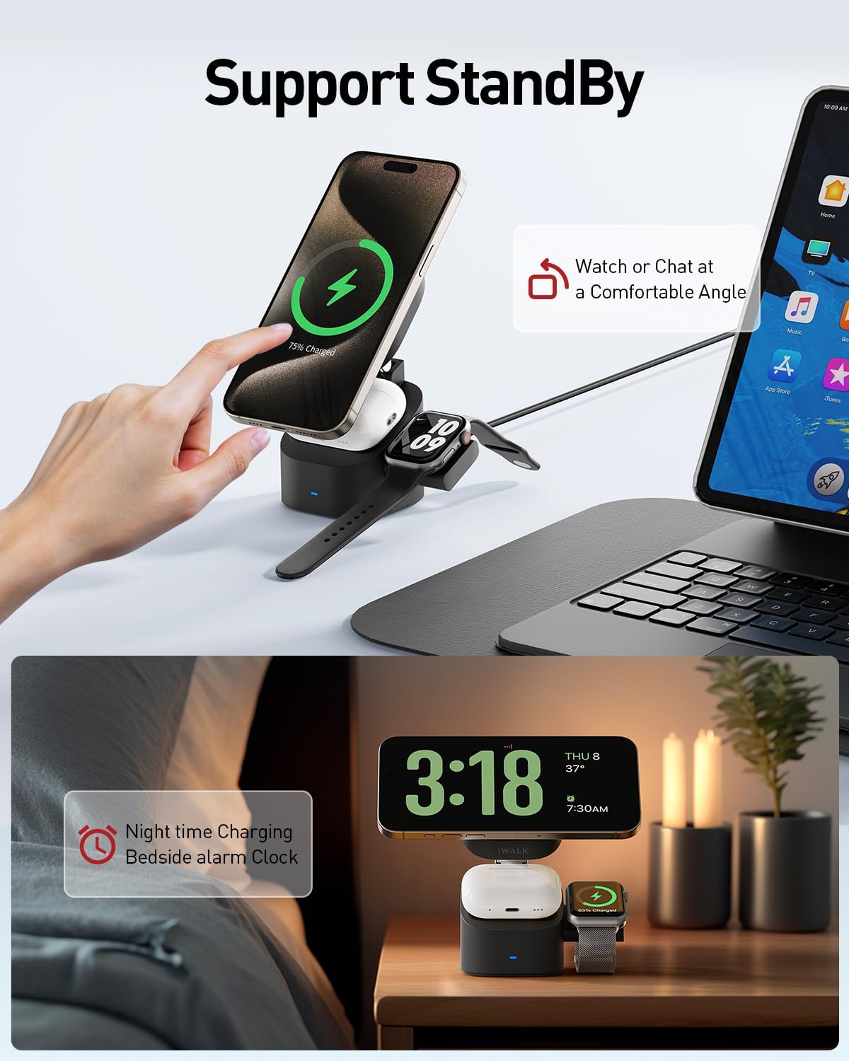 iWALK 3-in-1 Magnetic Wireless Charging Stand, 15W Foldable Charger Station for iPhone 16/15/14/13/12, Apple Watch & AirPods, Adjustable Dock with 20W USB-C Adapter