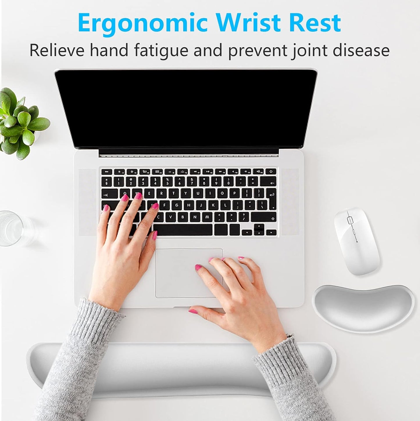 Dapesuom Enlarge Keyboard Wrist Rest, Memory Foam Wrist Cushion for Desk Mats Support, Cute Typing Pain Relief Keyboard Mouse Pad Rests Set with Non-Slip Base for Gaming Laptop Office, Space Gray