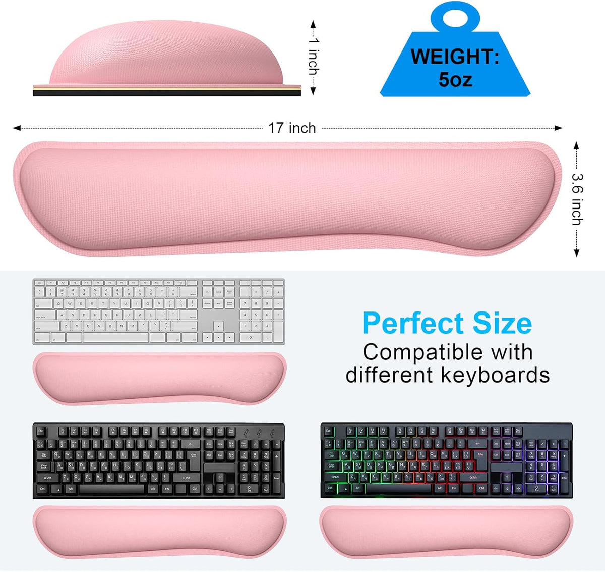 Dapesuom Enlarge Keyboard Wrist Rest, Memory Foam Keyboard Wrist Cushion for Computer Desk Mats Support, Typing Pain Relief Ergonomic Mouse Pad Rests with Non-Slip Base for Gaming, Laptop, Rose Pink