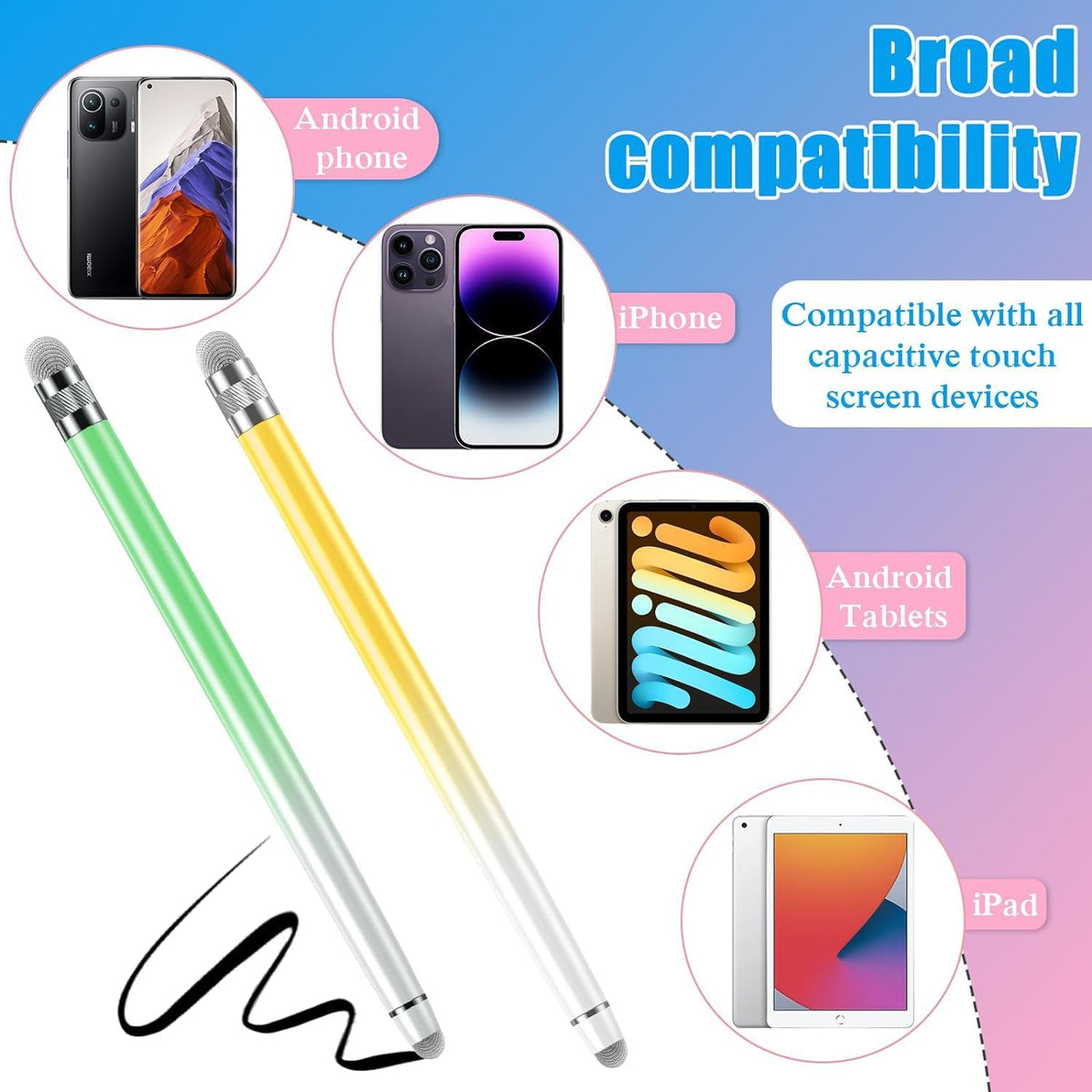 5PCS Stylus Pens for Touch Screens, Stylus Pen for iPhone/iPad/Tablet Android/Microsoft/Surface, Compatible with All Touch Screens (Purple/Pink/Blue/Green/Yellow)
