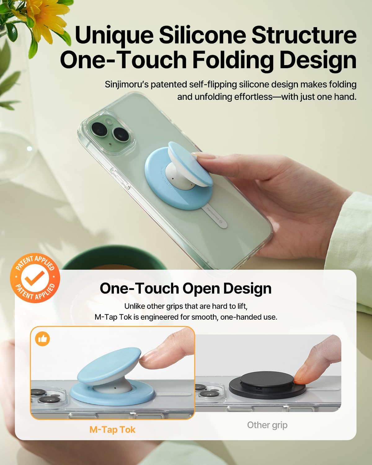 Sinjimoru for MagSafe Phone Grip, Soft Silicone Magnetic Finger Grip for iPhone 16/15/14/13/12, Comfortable One-Touch Holding, M-Tap Tok White