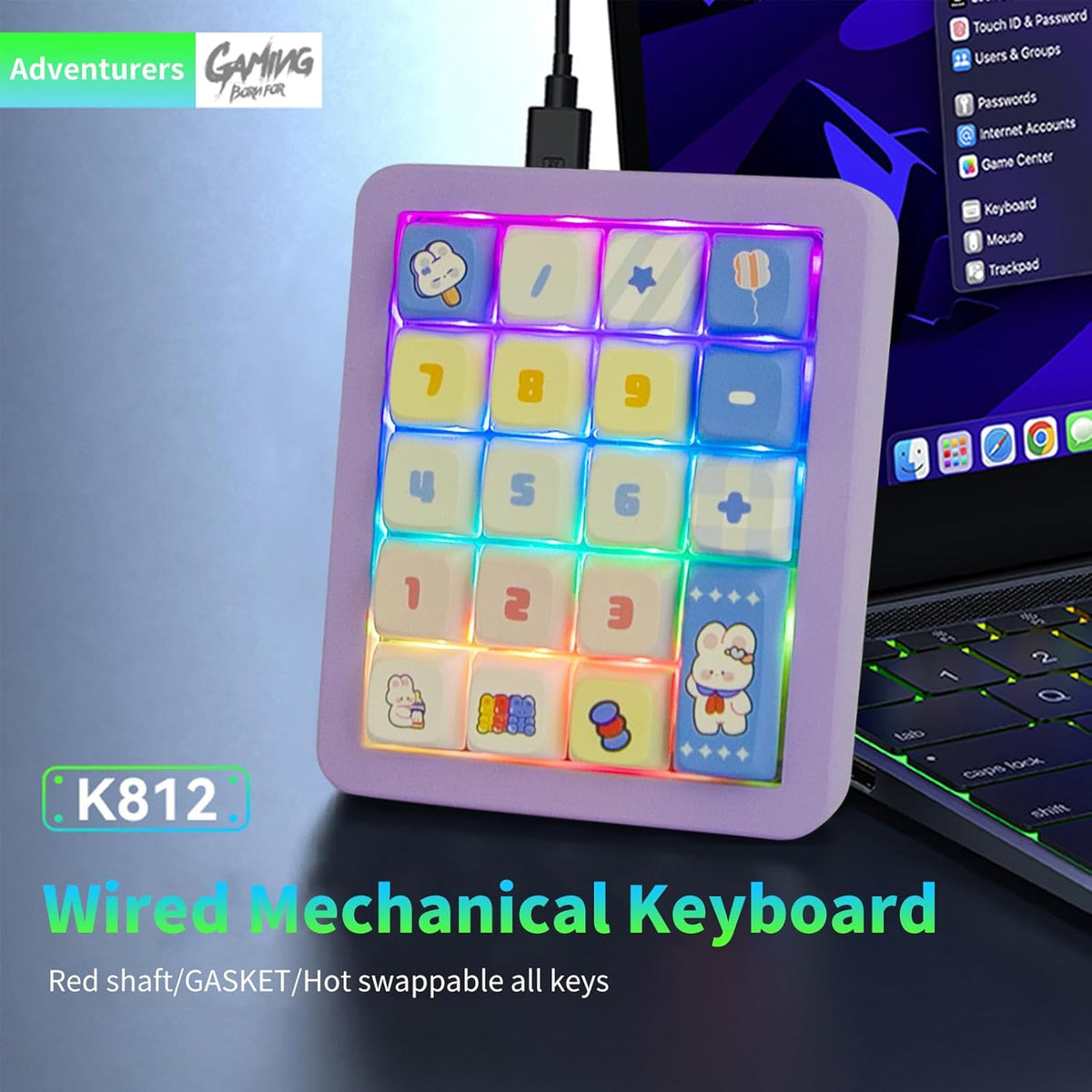 Adventurers K812 Wired Mechanical Numeric Keypad, 19-Key Hot-Swappable RGB Numpad, Macro Programmable, Detachable Type-C Cable, Game/Office Mode Switch – for PC/Laptop/Desktop (Purple)