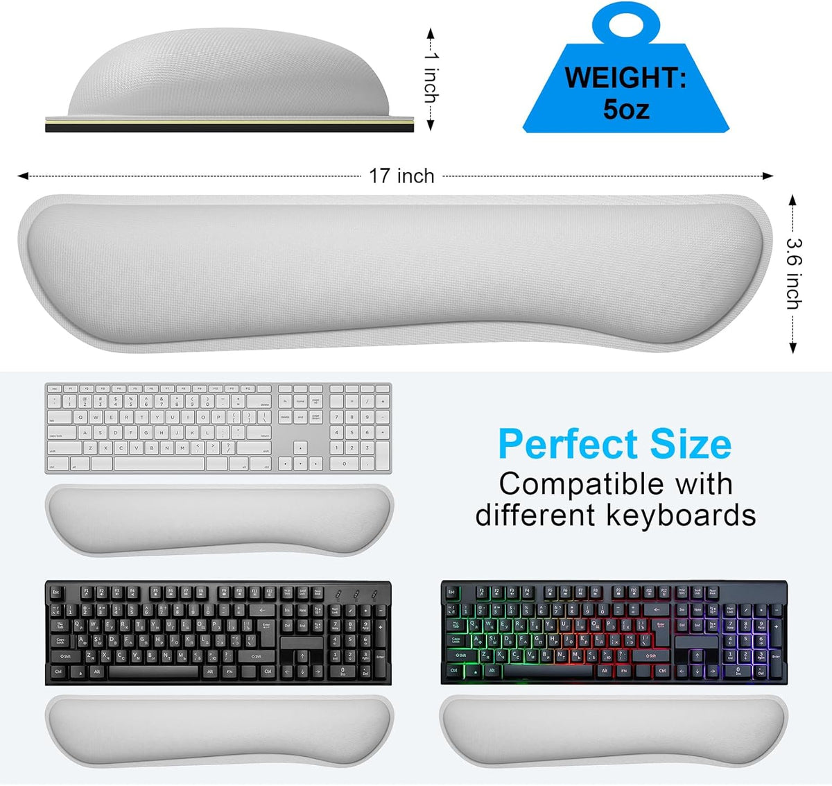 Dapesuom Enlarge Keyboard Wrist Rest, Cute Memory Foam Keyboard Wrist Cushion for Computer Desk Mats Support, Typing Pain Relief Ergonomic Mouse Pad Rests with Non-Slip Base for Gaming, Laptop, Gray