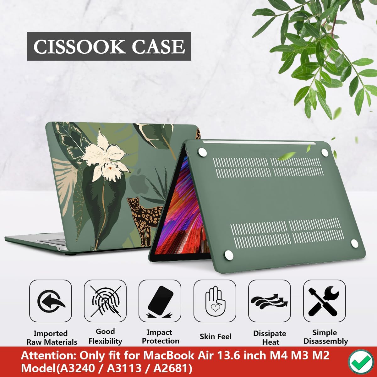 CISSOOK for MacBook Air 13.6 Inch Case 2024 2025 Model A3240 A3113 A2681, Panther Leopard Midnight Green Cover with Keyboard Cover for MacBook Air 13.6 M2 M3 M4 - Leopard