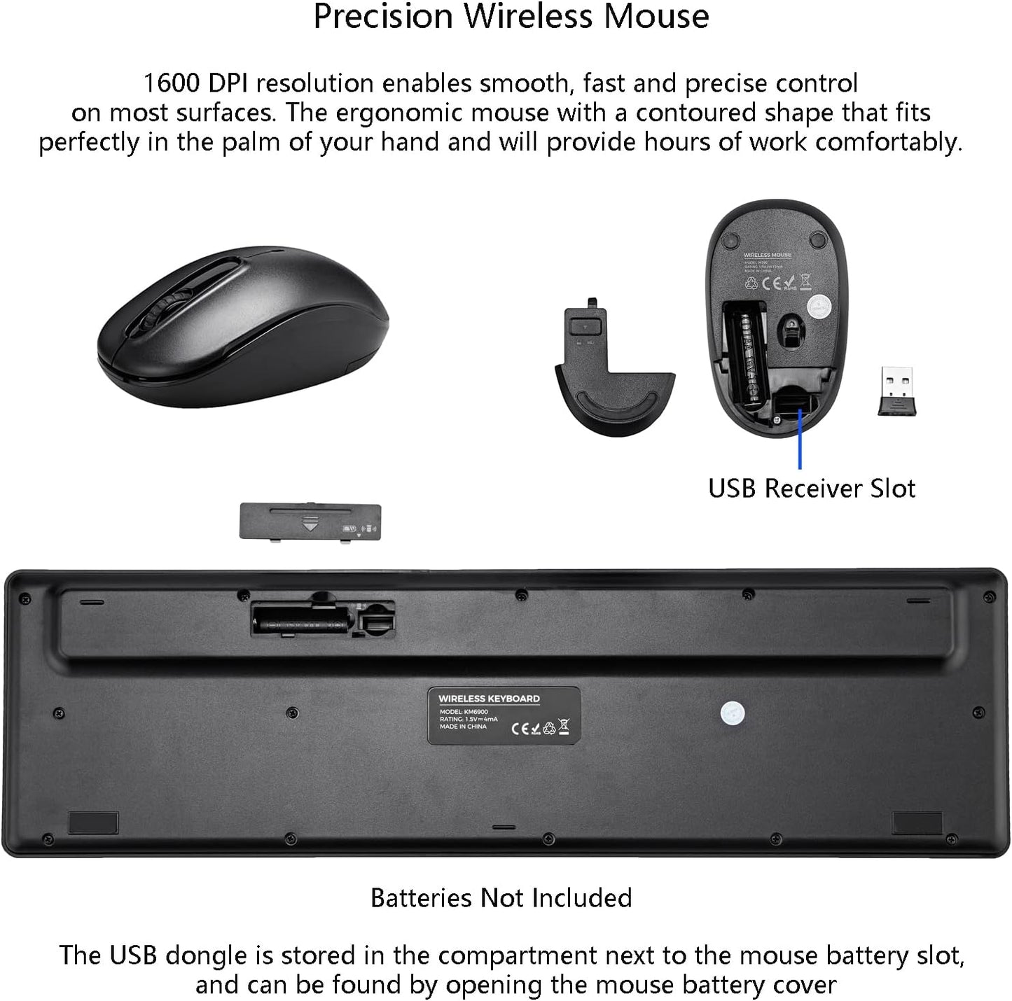 Wireless Keyboard and Mouse Combo, 2.4G Silent Cordless Keyboard Mouse Combo for Windows Chrome Laptop Computer PC Desktop, 106 Keys Full Size with Number Pad, 1600 DPI Optical Mouse (Black)