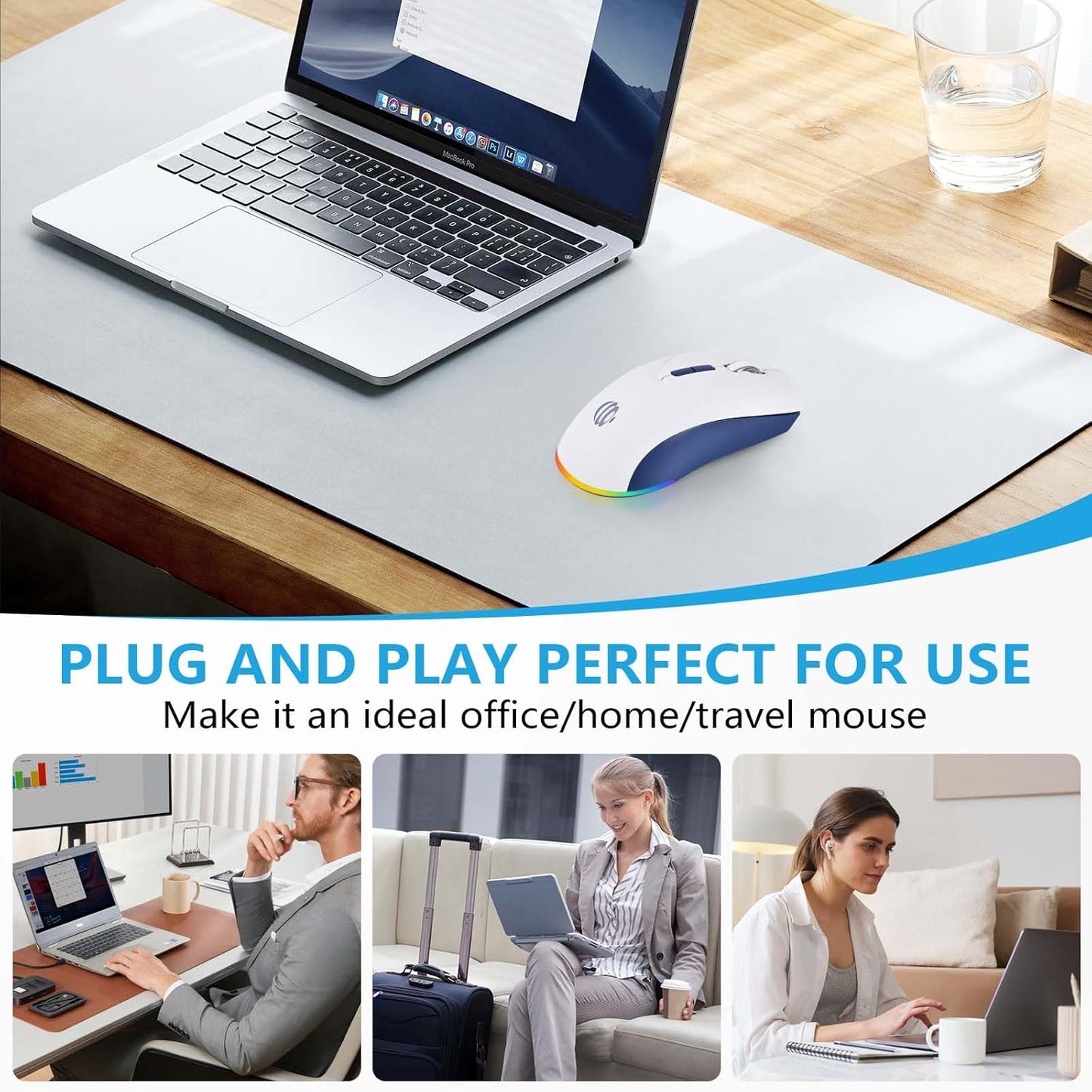 Wireless Bluetooth Mouse, 2.4G and Bluetooth 5.2 Ergonomic Rechargeable USB Optical Mouse, 3 Adjustment DPI,1600 DPI Dual Mode Silent Wireless Mouse for Mac,Laptop, PC, Windows.(White)