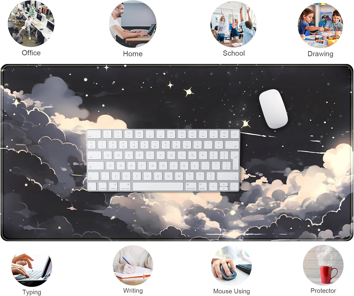 Black Anime Cloud Desk Mat XXL Large Gaming Mouse Pad Computer Laptop Mat, Extended Non-Slip Rubber Base Mousepad Keyboard and Mouse Mat, Night Sky Desk Pad with Stitched Edges, 31.5x15.75 in