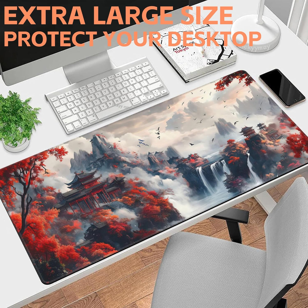 Mouse Pad Large Chinese-Style Landscape Painting Non-Slip Gaming Desk Mat with Stitched Edge Laptop Keyboard Desk Pad for Work Home Gaming (35.4 x 15.7 Inches)