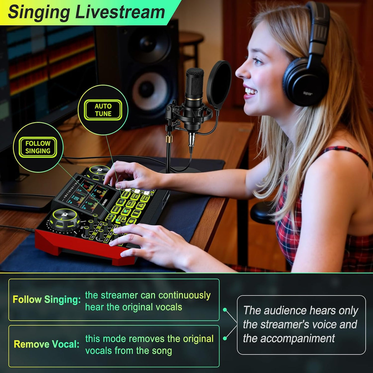 Podcast Microphone Bundle with Live Sound Card Audio Mixer, Podcast Equipment Bundle Sound Board with 3.5mm Condenser Microphone for Pc/Phone Live Streaming Singing Gaming,Voice Changer, Denoise