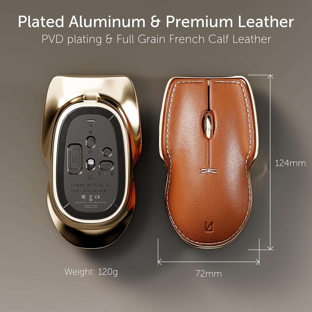 LUNAR ARTEFACTS Ambidextrous Rechargeable Bluetooth Wireless Computer Mouse Black French Leather and Aluminum, Qi Enabled USB-C