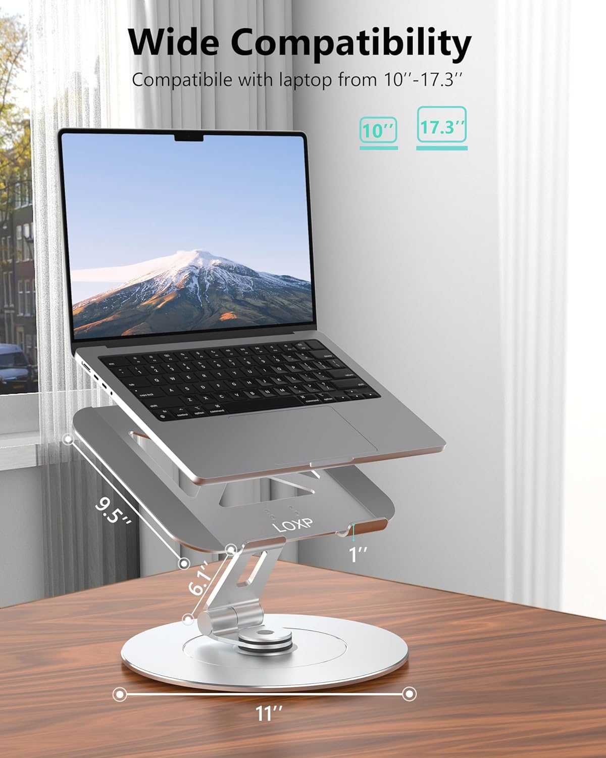 Ultra-Stable Swivel Laptop Stand for Desk with 360 Rotating Larger Base, Aluminum Anti-Loosening Structure, Height Adjustable Laptop Stand, Fits 10"-17.3" Laptops,Silver
