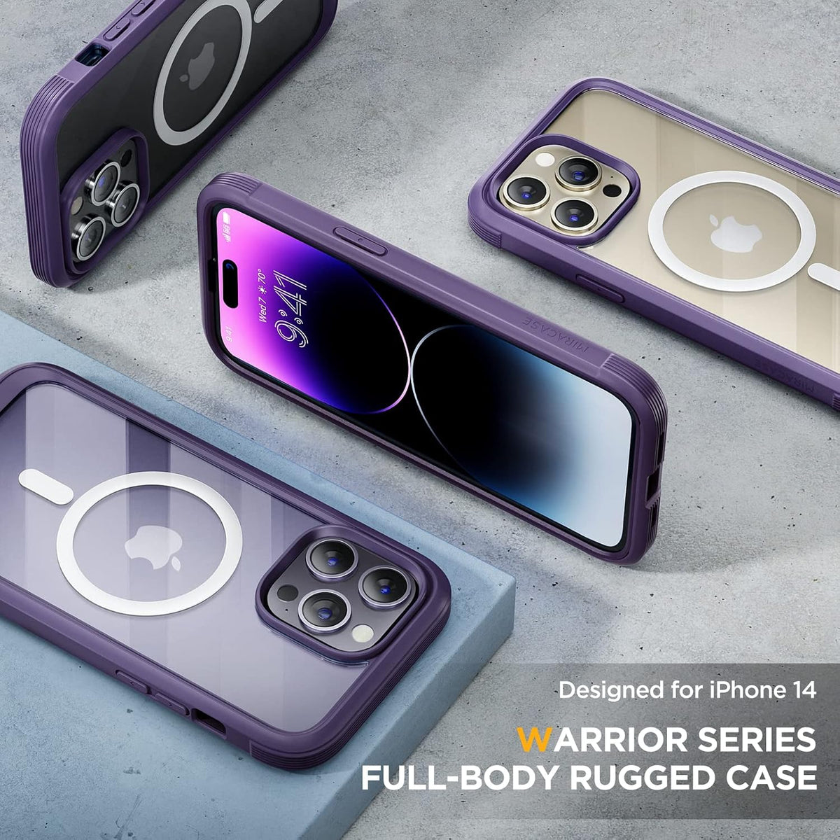 Miracase Magnetic for iPhone 14 Pro Case 6.1 inch, (Compatible with MagSafe) Upgrade Full-Body Clear Phone Bumper Case with Built-in 9H Tempered Glass Screen Protector, Magnetic Purple